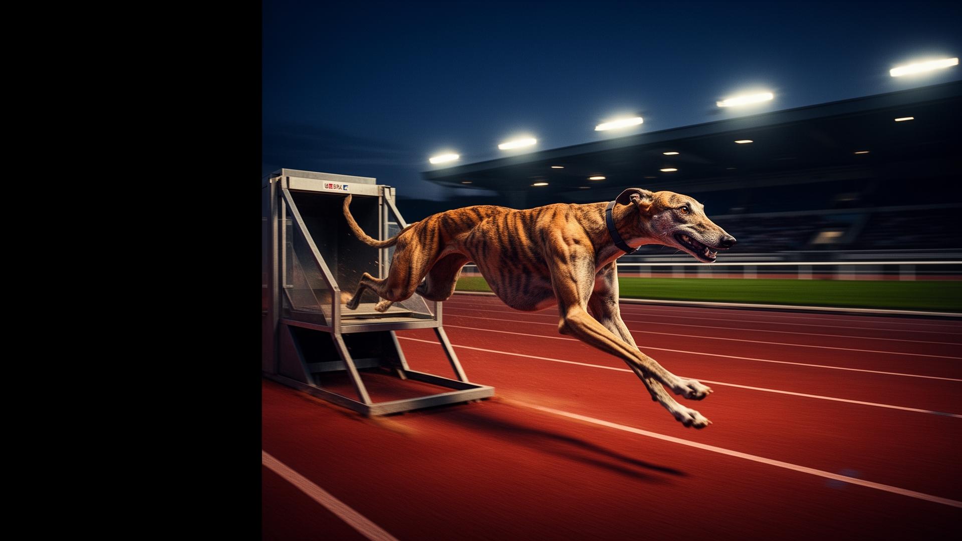 Greyhound accelerating from the traps under stadium lights